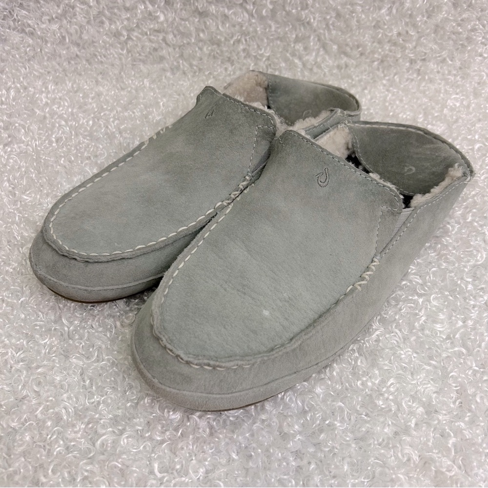 OluKai Ladies Size 9 Nohea Gray Suede Slip On Slippers Casual Comfy